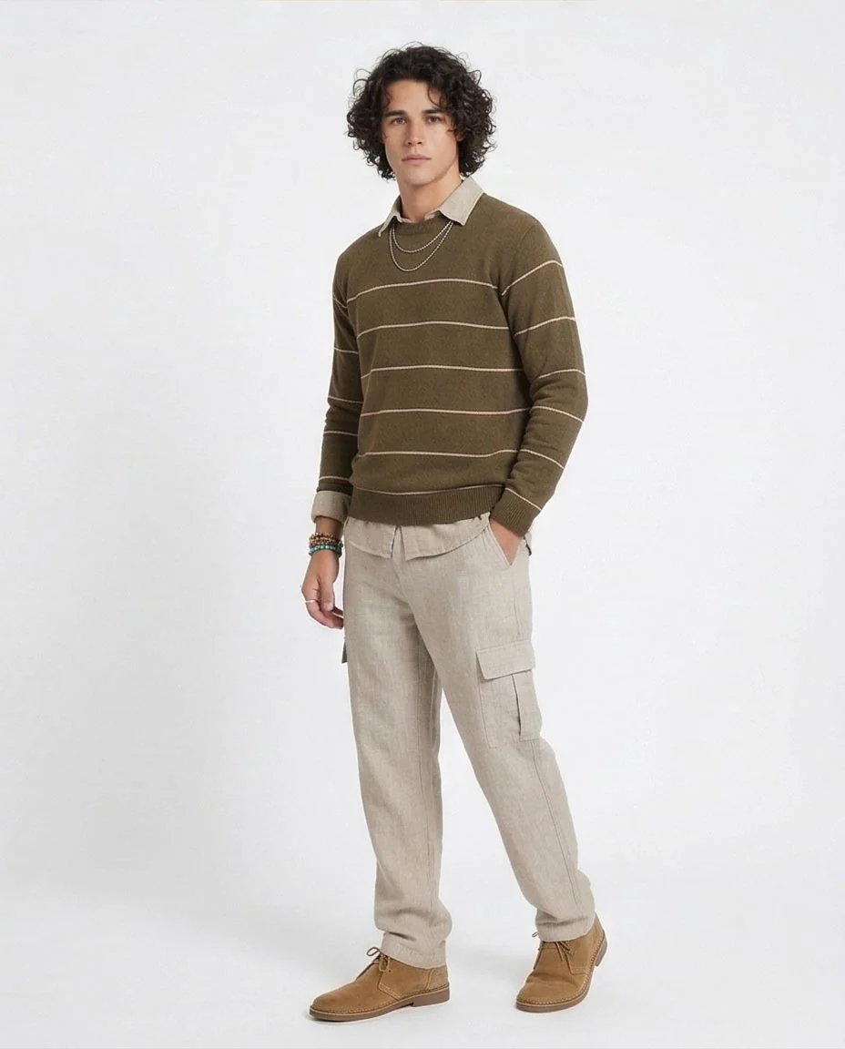 Olive Striped Knit Crewneck Pullover - O202261 - Image 5
