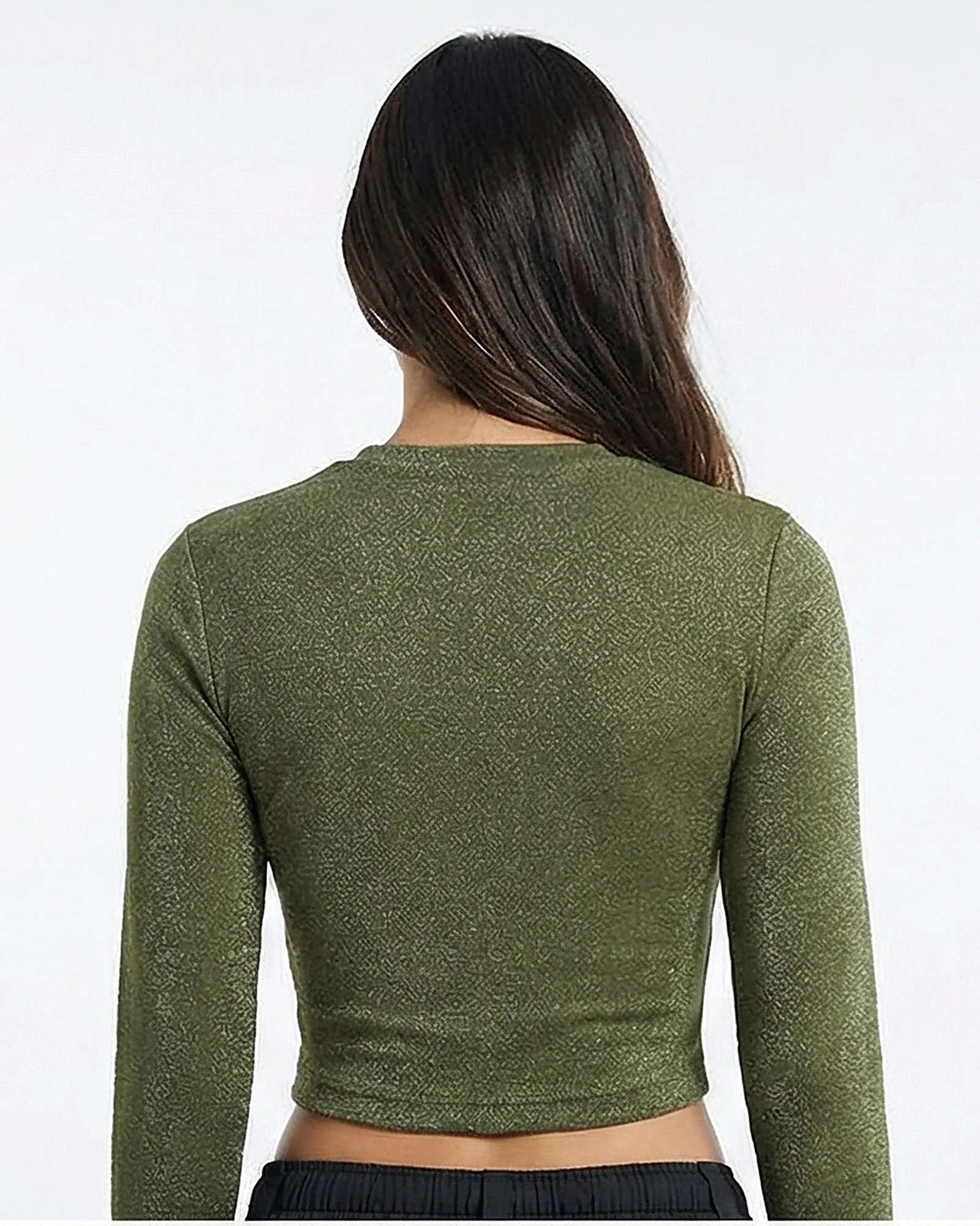 Olive Textured Long Sleeve Slim-Fit Crop Top - Image 2