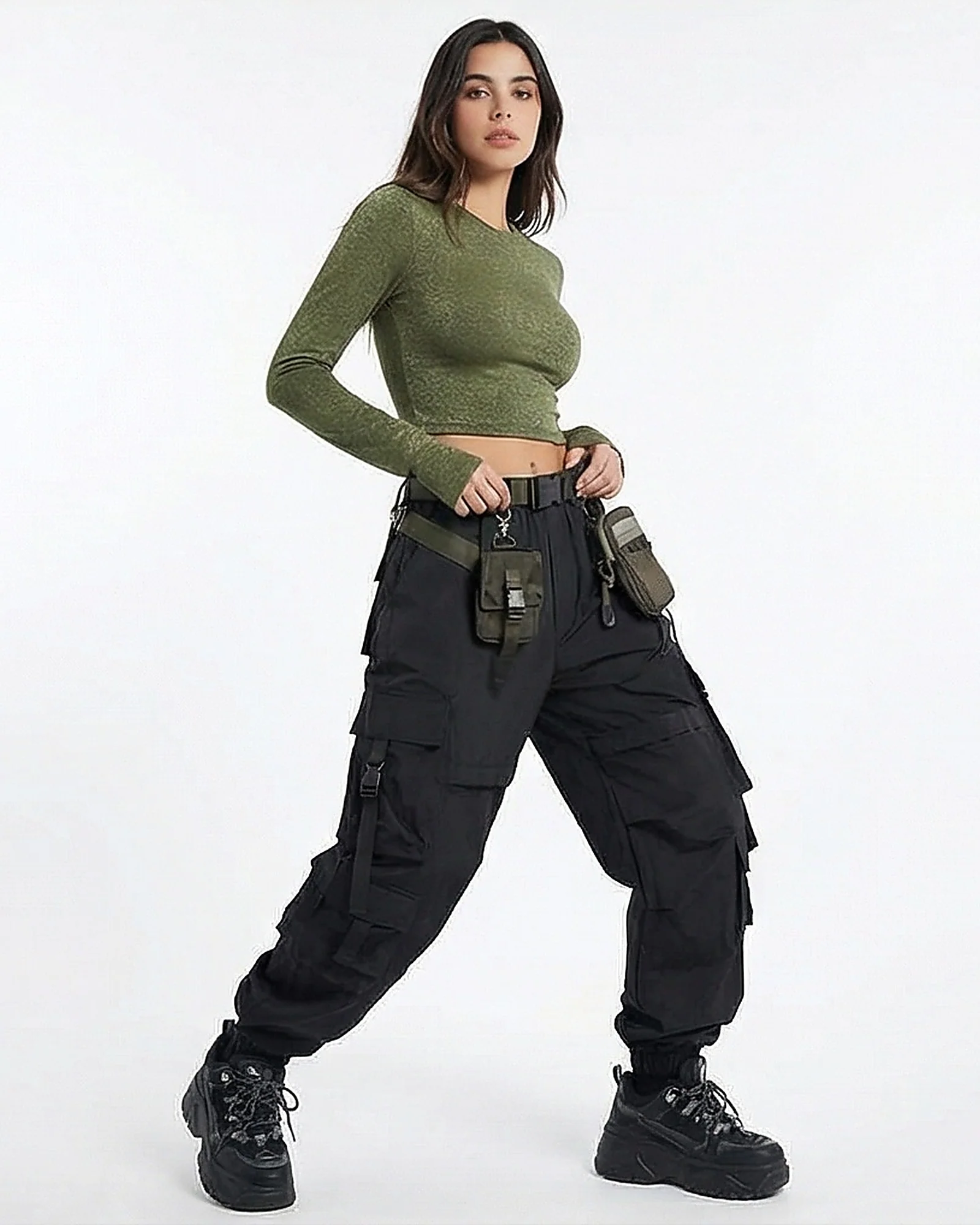 Olive Textured Long Sleeve Slim-Fit Crop Top - Image 3