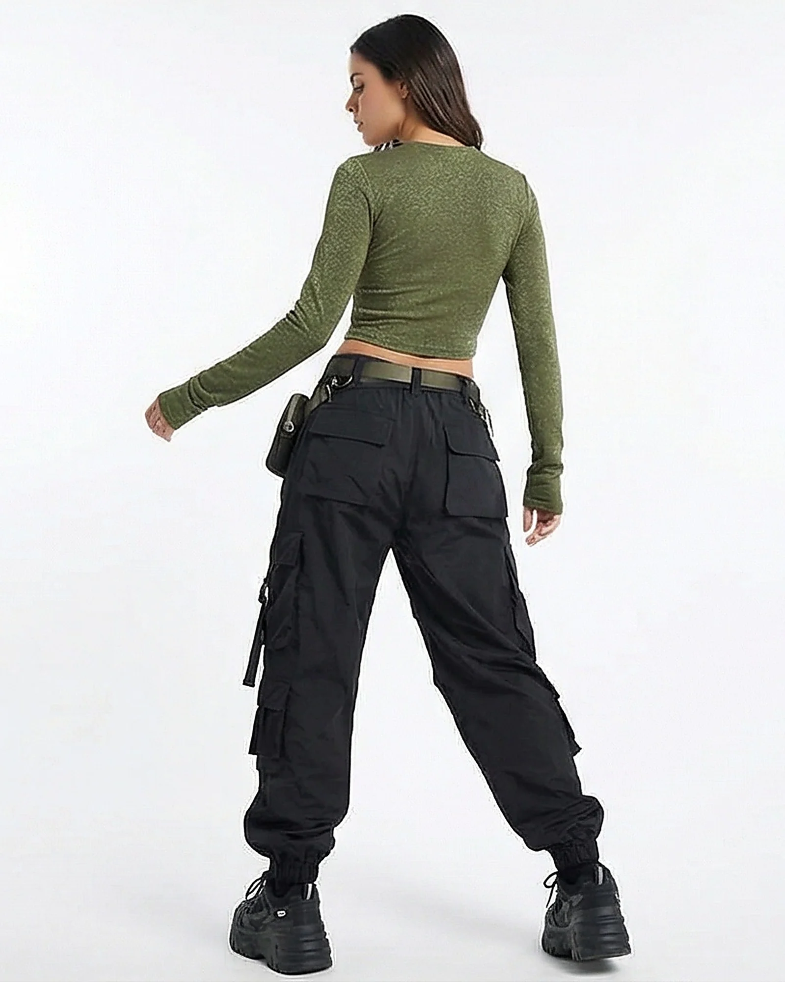Olive Textured Long Sleeve Slim-Fit Crop Top - Image 4