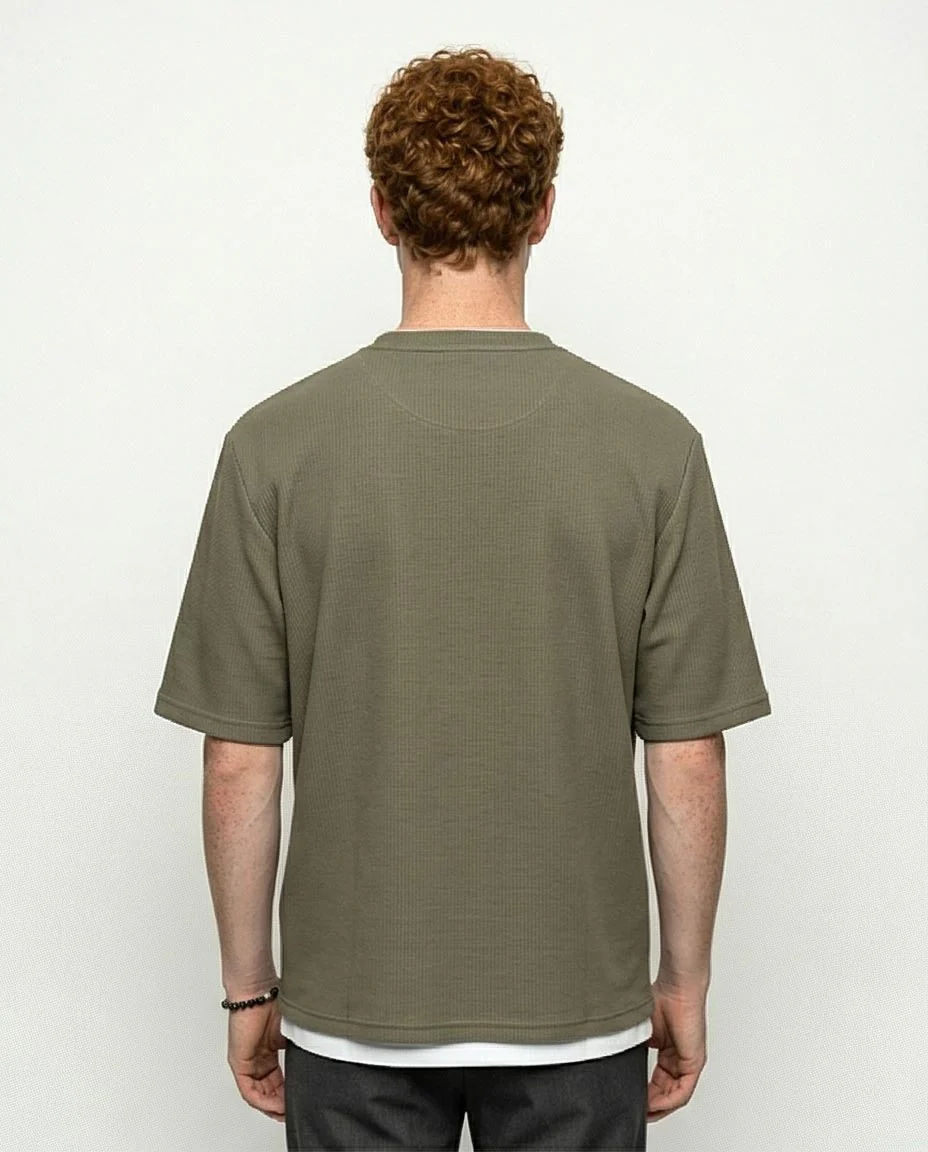 Olive Textured Relaxed Fit Tee with Layered Trim - R217155 - Image 2