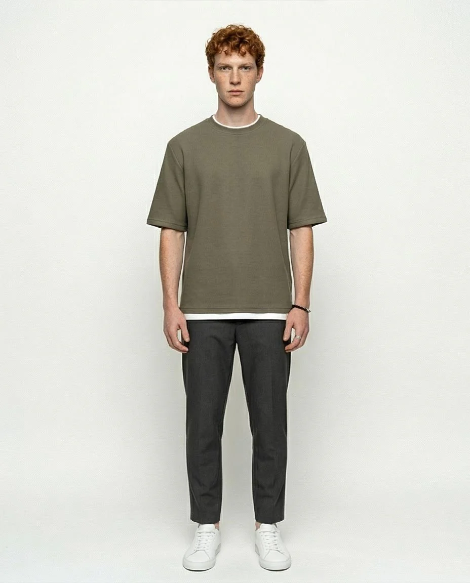 Olive Textured Relaxed Fit Tee with Layered Trim - R217155 - Image 3
