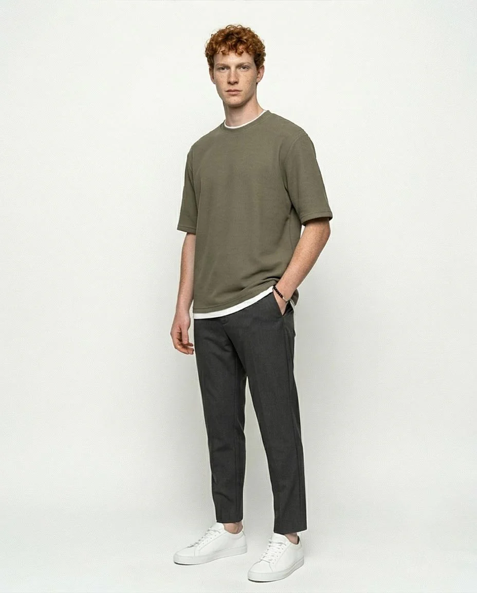 Olive Textured Relaxed Fit Tee with Layered Trim - R217155 - Image 4
