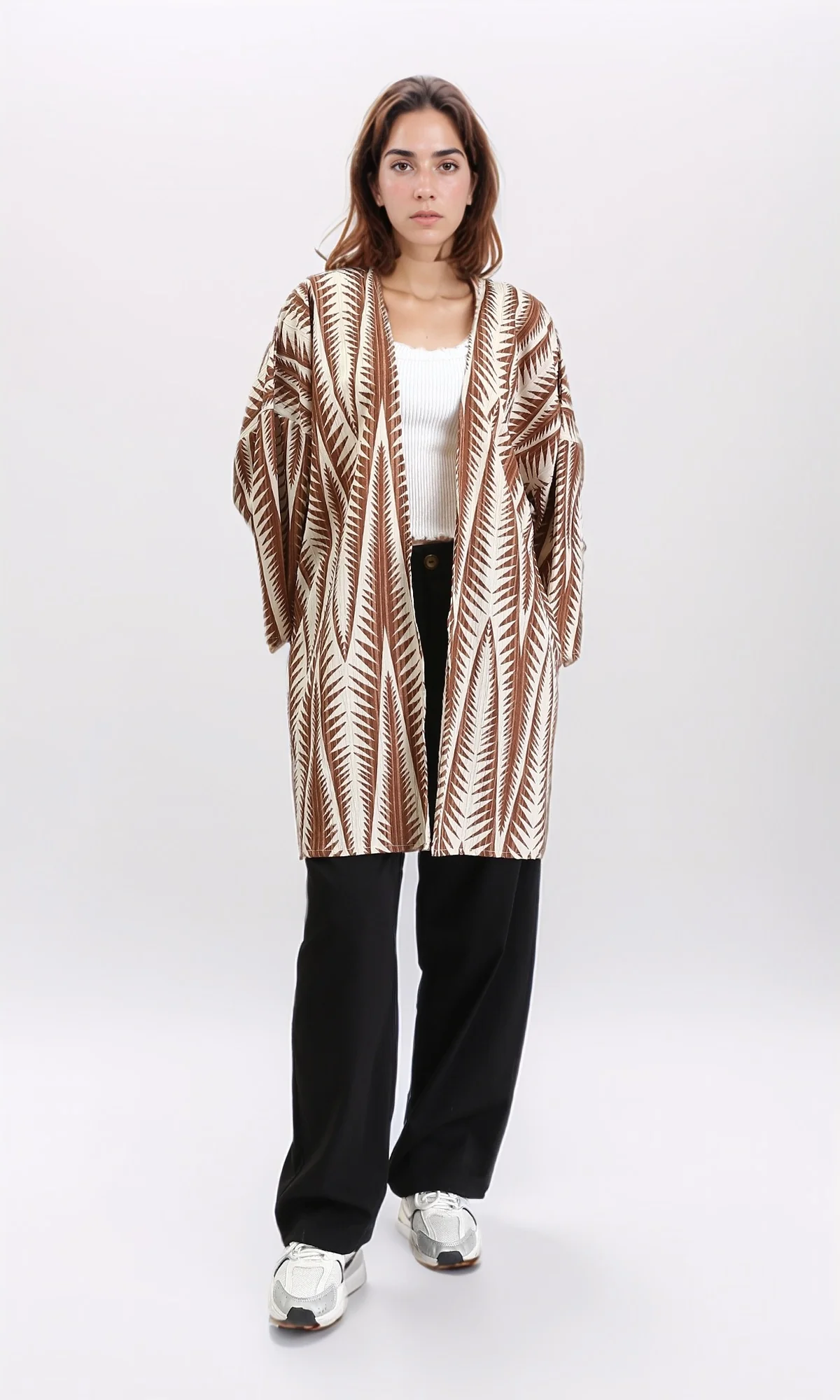 R209113 - Open Neckline Summer Cardigan - Brown & Beige - Image 4