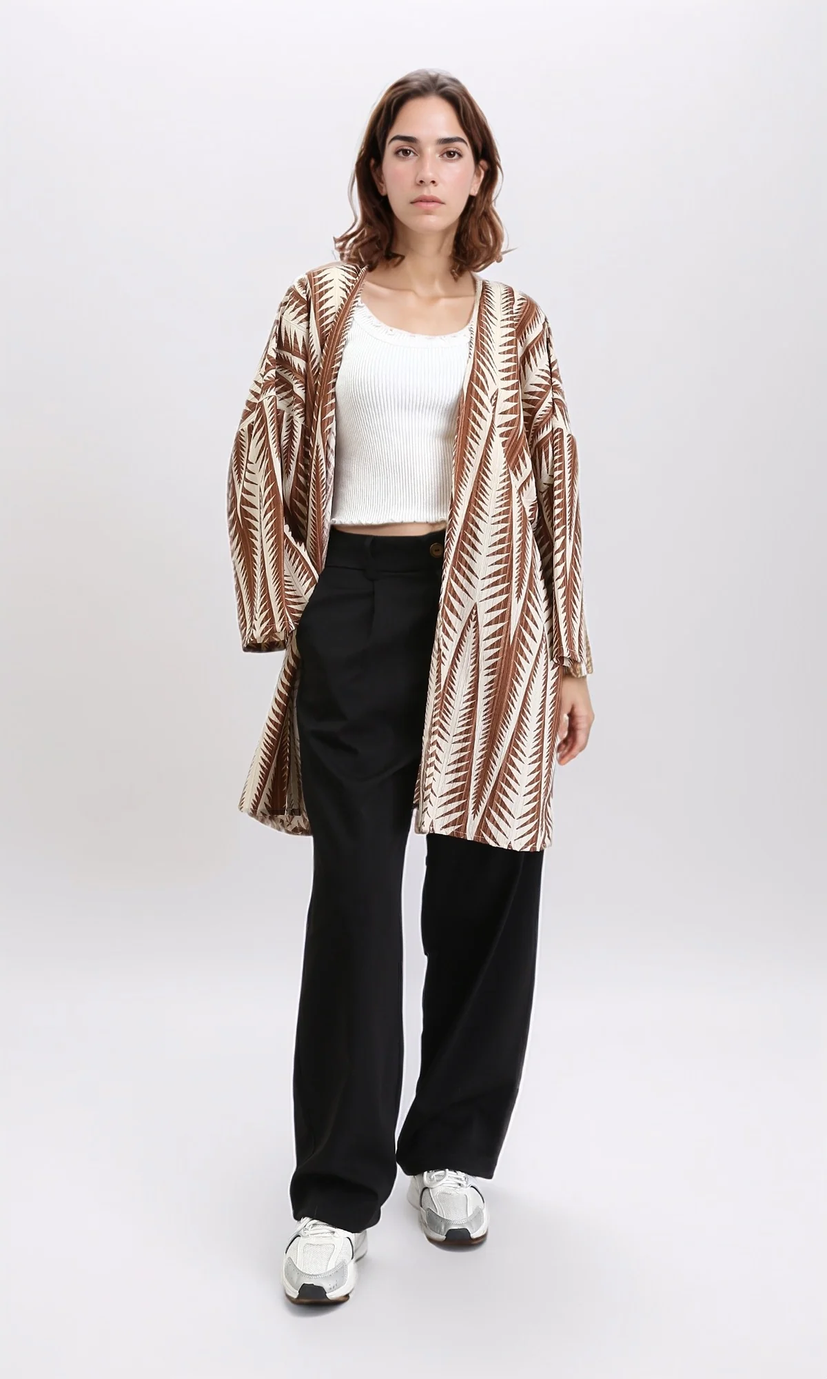 R209113 - Open Neckline Summer Cardigan - Brown & Beige - Image 5