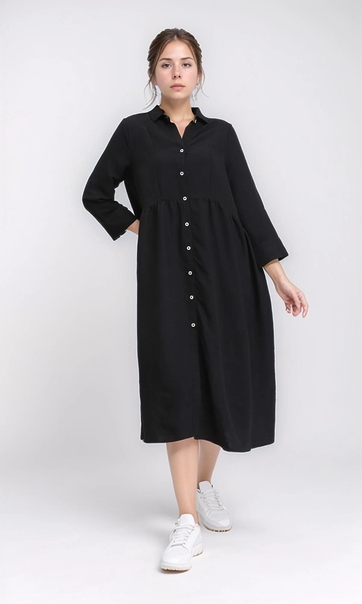 R208472 - Open V-Neck Buttoned Midi Dress - Black - Image 4