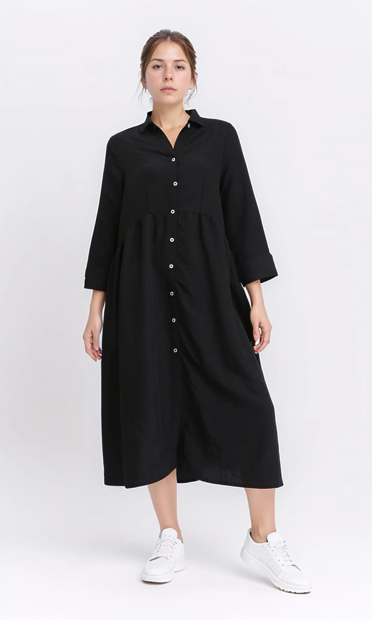 R208472 - Open V-Neck Buttoned Midi Dress - Black - Image 5