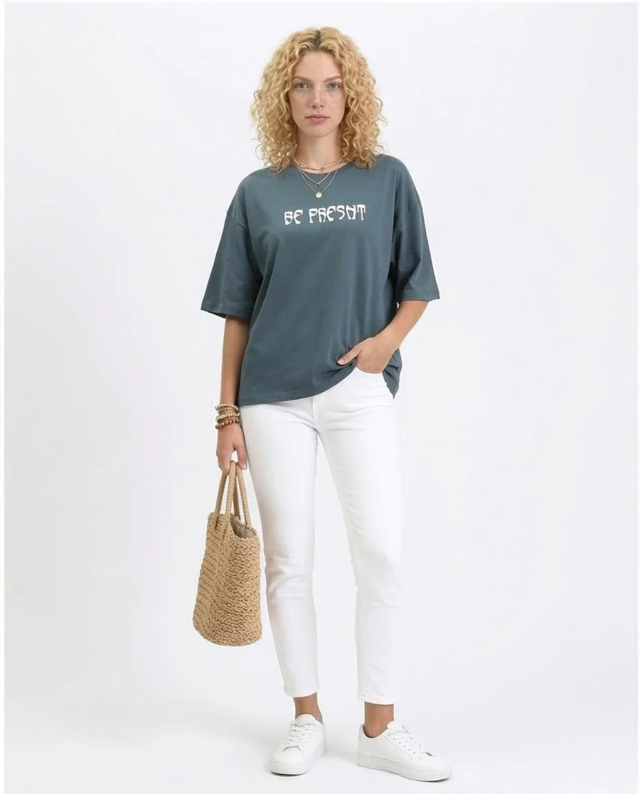Ravin Oversized "Be Present" Graphic Tee – Slate Blue - R209130 - Image 3
