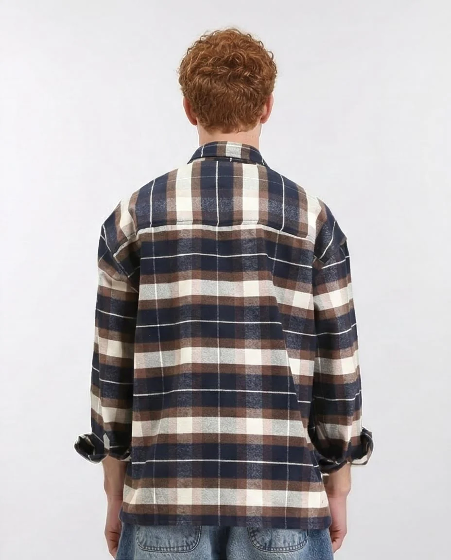 Ravin Oversized Heavyweight Plaid Flannel Shacket - Navy & Chocolate - R212085 - Image 2