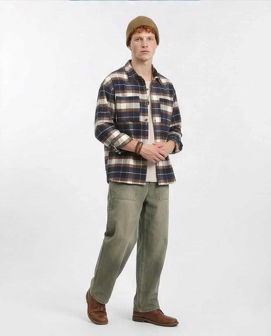 Ravin Oversized Heavyweight Plaid Flannel Shacket - Navy & Chocolate - R212085 - Image 4
