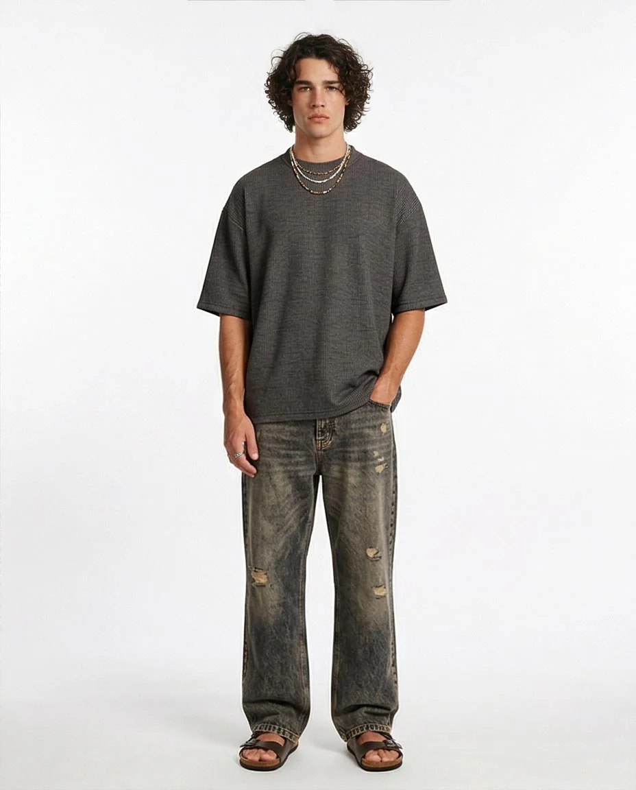 Ravin Oversized Micro-Grid Waffle T-Shirt - Grey - R206740 - Image 4