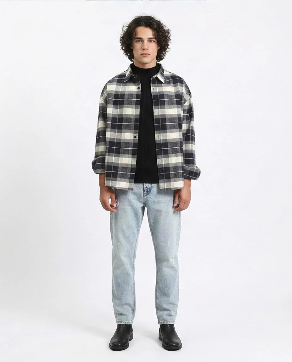 Ravin Oversized Plaid Heavyweight Flannel Shirt – Navy/CreamR212080 - - Image 3