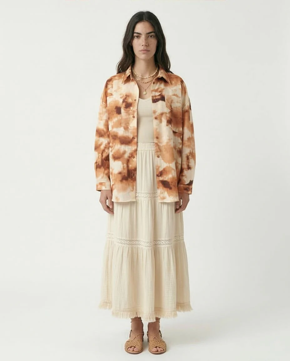 Ravin Oversized Textured Tie-Dye Shirt in Terracotta & Cream - R204843 - Image 3