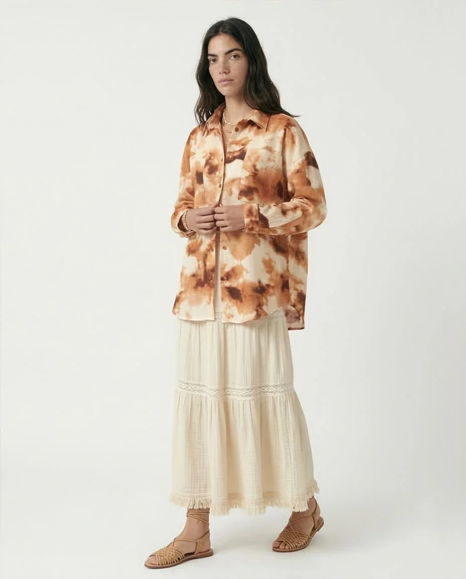 Ravin Oversized Textured Tie-Dye Shirt in Terracotta & Cream - R204843 - Image 5