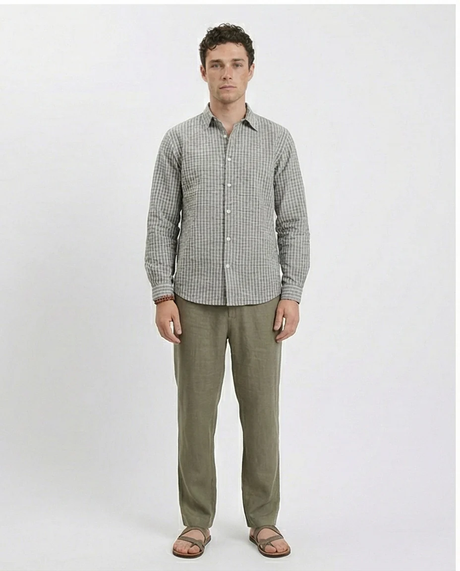 R210542 - Patterned Long Sleeves Cotton Shirt - Dark Grey - Image 3