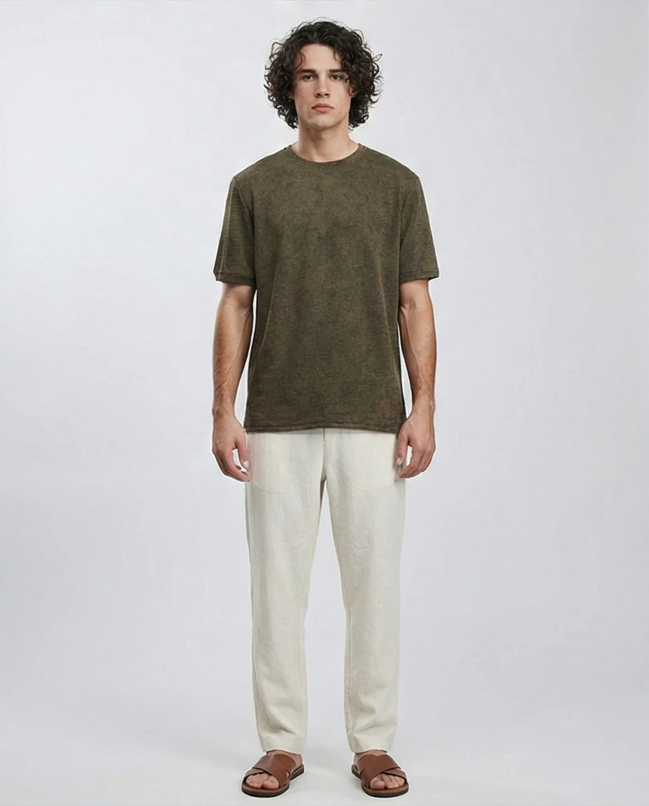 R212509 - Patterned Slip On Crew Neck Tee - Dark khaki - Image 3
