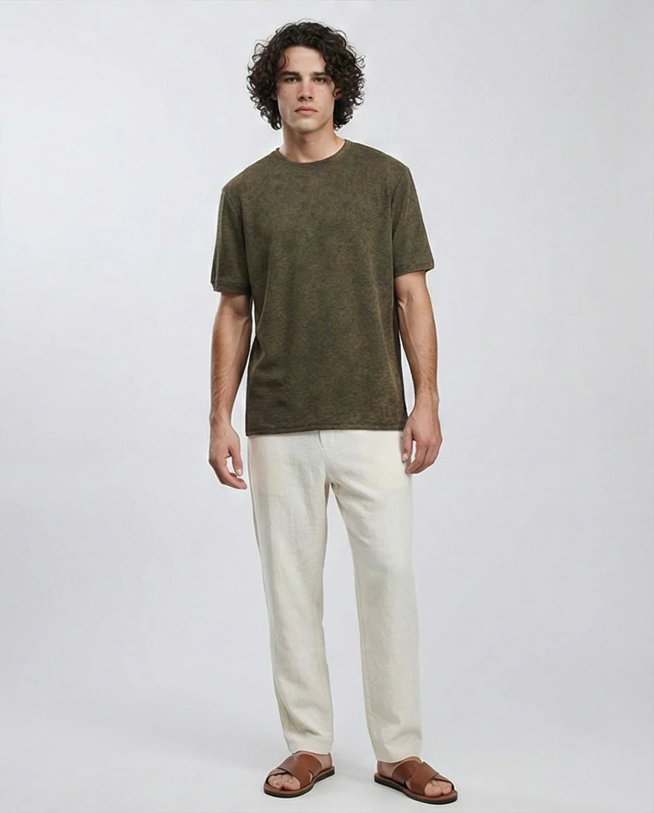 R212509 - Patterned Slip On Crew Neck Tee - Dark khaki - Image 4