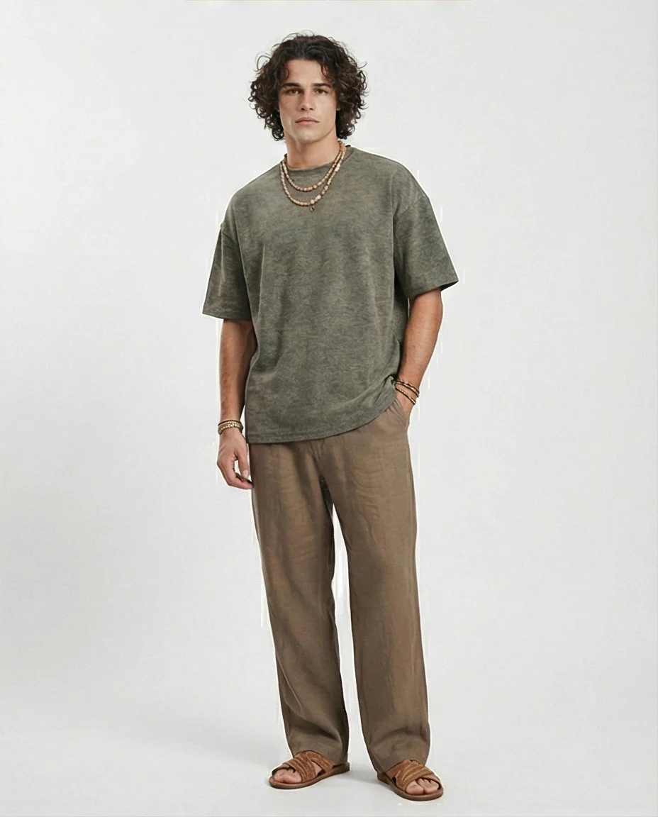 R212507 - Patterned Slip On Crew Neck Tee - Dark khaki - Image 4