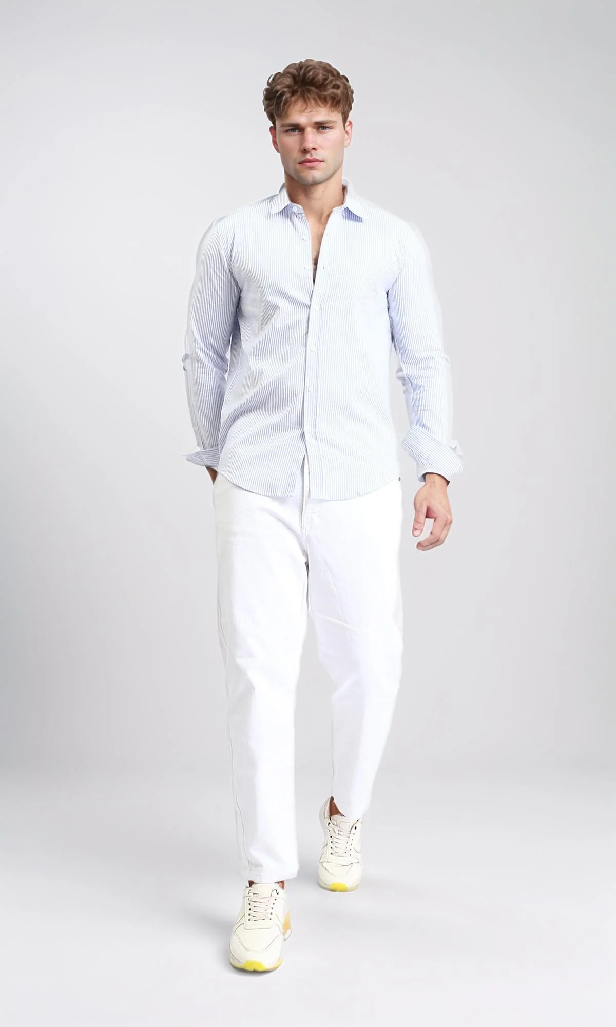 R206955 - Pencil Stripes Long Sleeves Shirt - Light Blue & White - Image 5