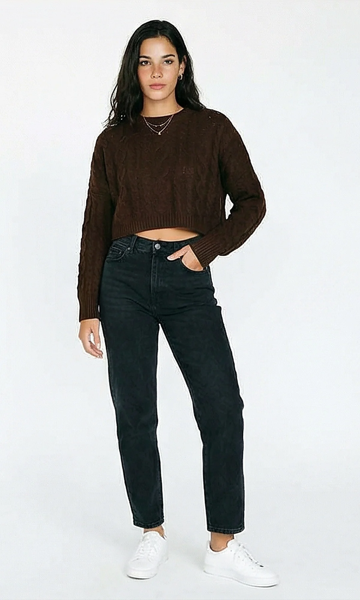 R214920 - Perforated Knit Short Pullover - Dark Brown - Image 4