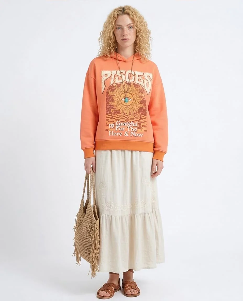 Pisces Celestial Graphic Oversized Hoodie in Vibrant Coral - O201148 - Image 3