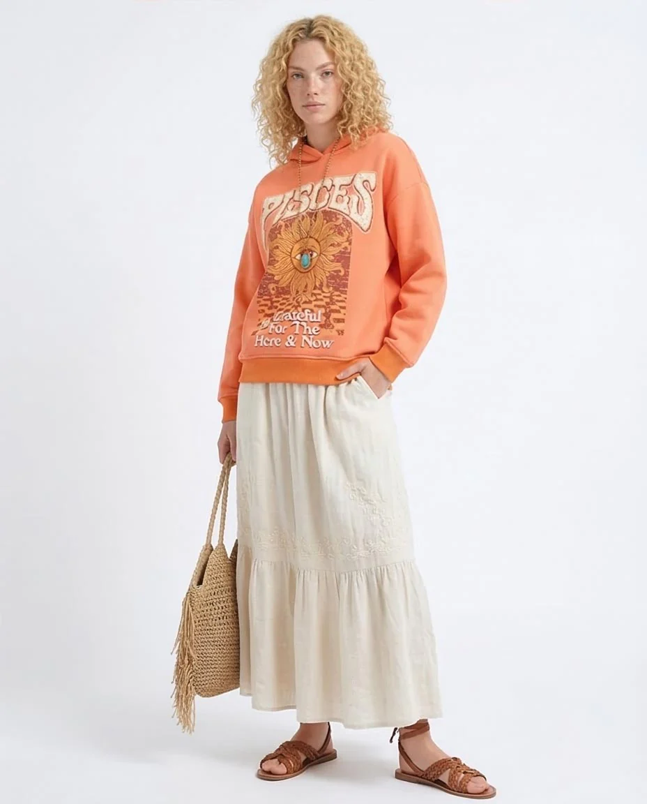 Pisces Celestial Graphic Oversized Hoodie in Vibrant Coral - O201148 - Image 5