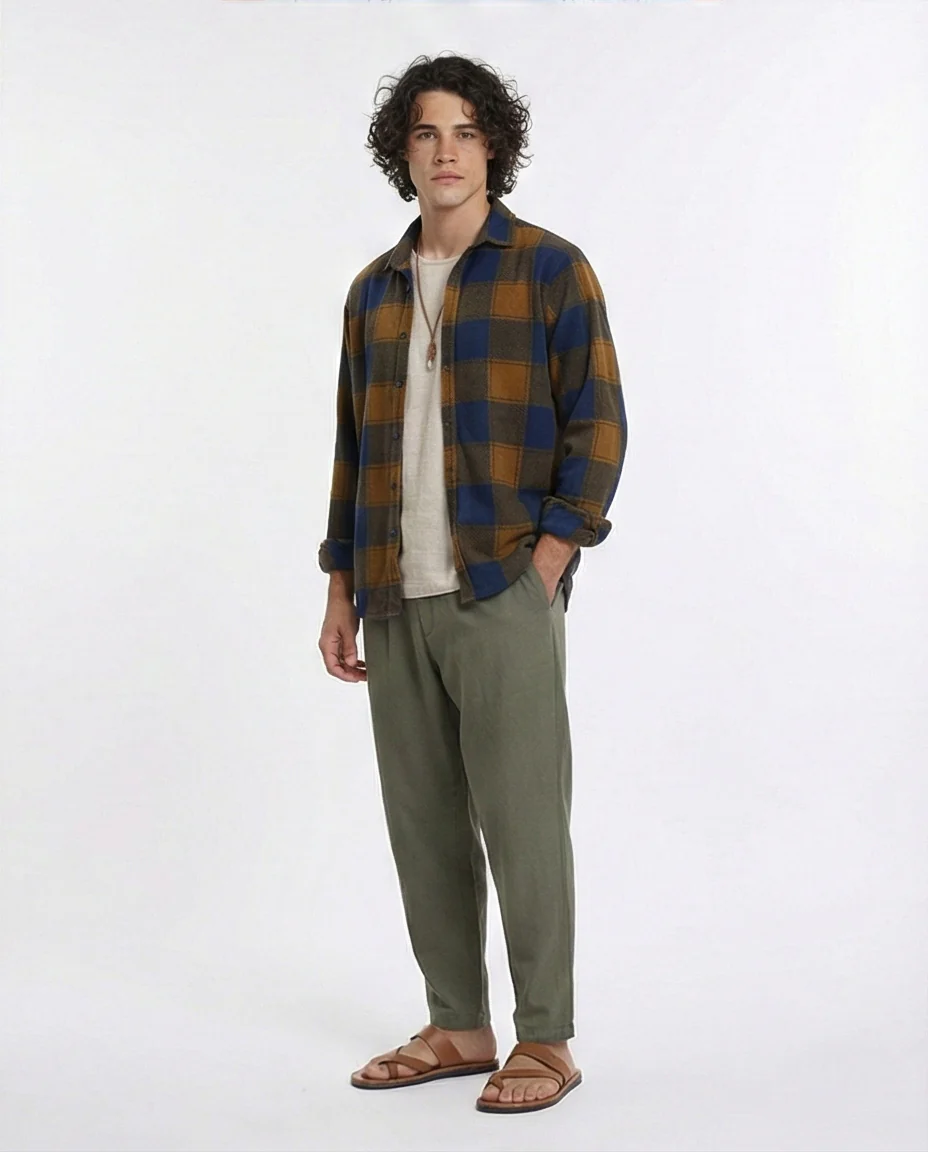 R208152 - Plaid Shirt with Classic Collar - Navy Blue & Camel - Image 5
