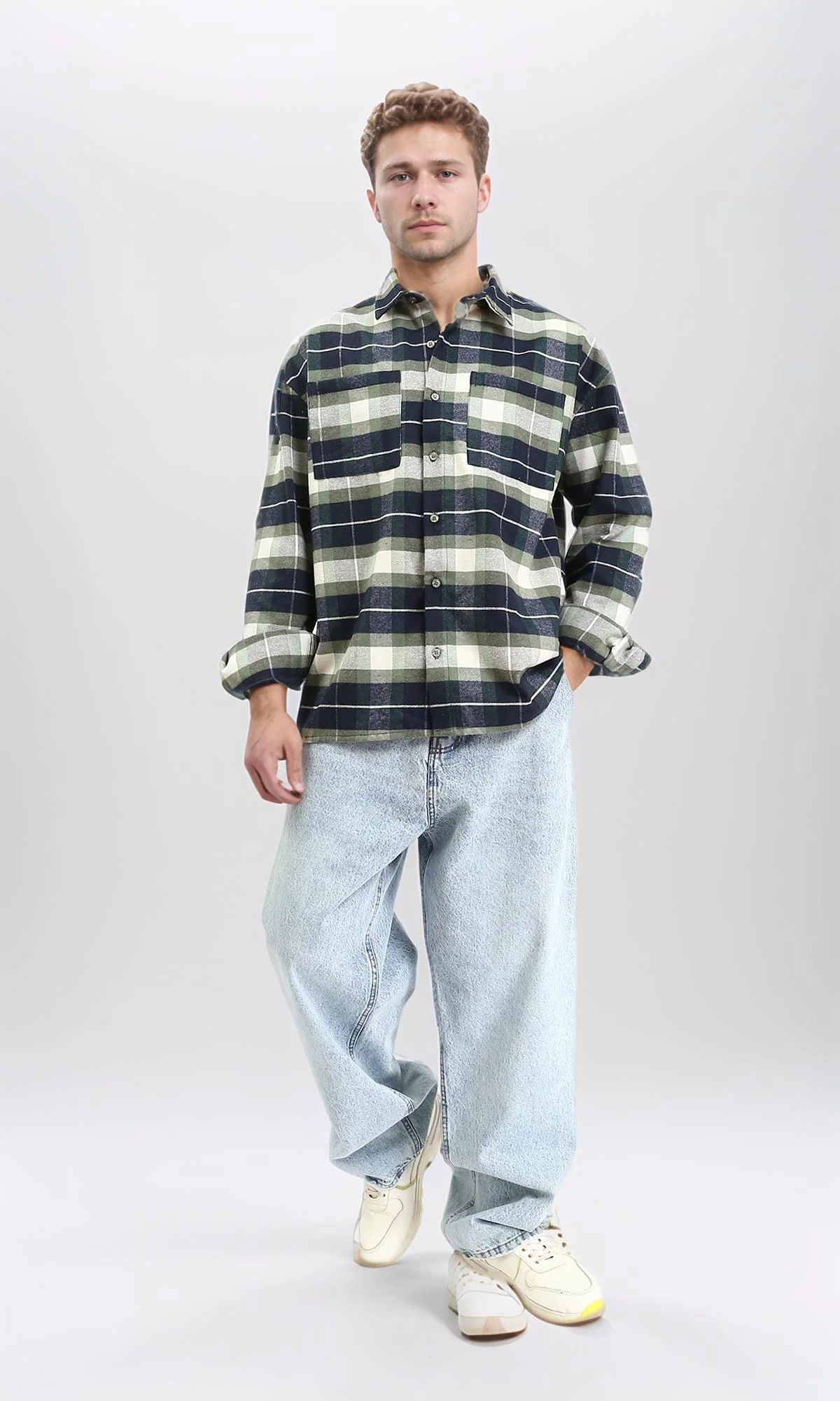 R212083 - Plaid Shirt with Front Pockets - Navy Blue & Olive - Image 3