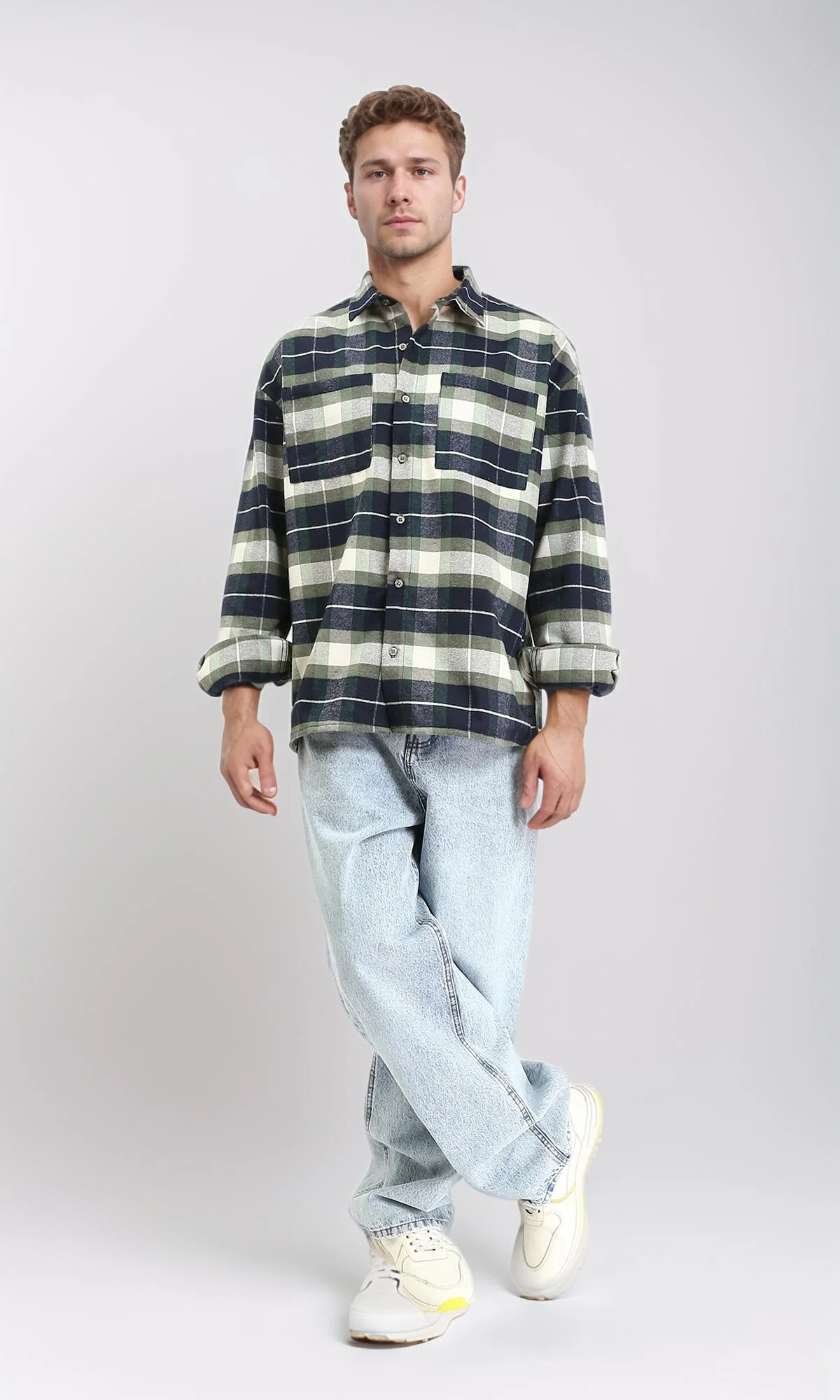 R212083 - Plaid Shirt with Front Pockets - Navy Blue & Olive - Image 4