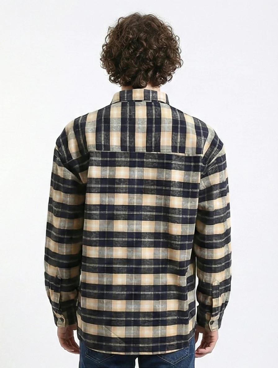 R215013 - Plaid Winter Shirt with Front Pocket - Beige & Black - Image 2