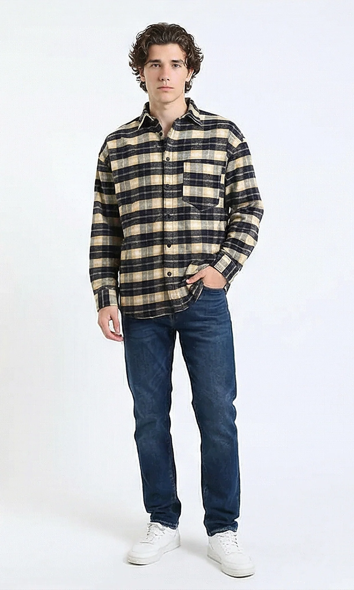 R215013 - Plaid Winter Shirt with Front Pocket - Beige & Black - Image 5