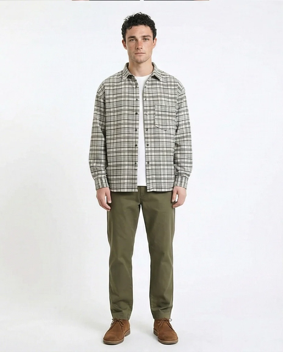 R215014 - Plaid Winter Shirt with Front Pocket - Light Grey & Beige - Image 3