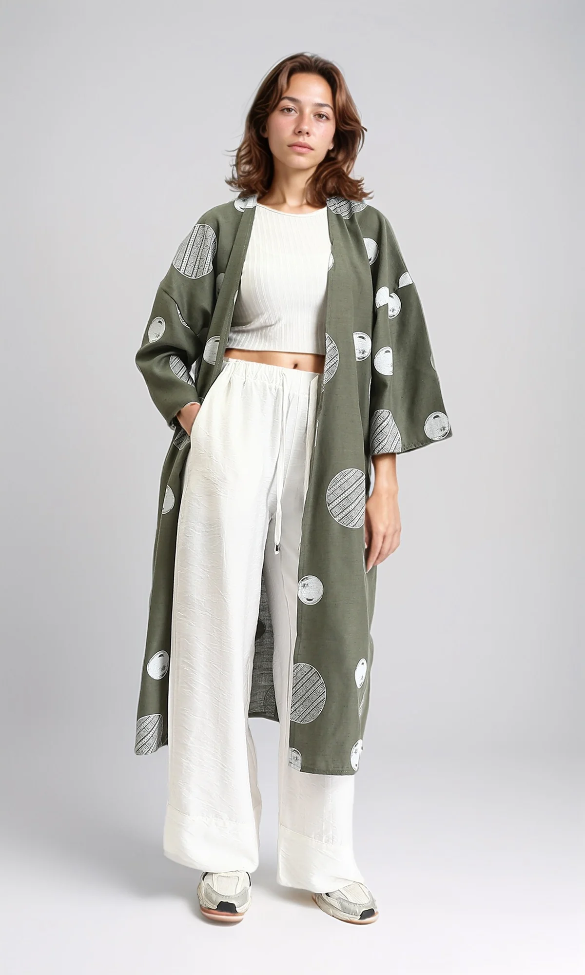 R206064 - Polka Dots Long Sleeves Cardigan - Olive & White - Image 4