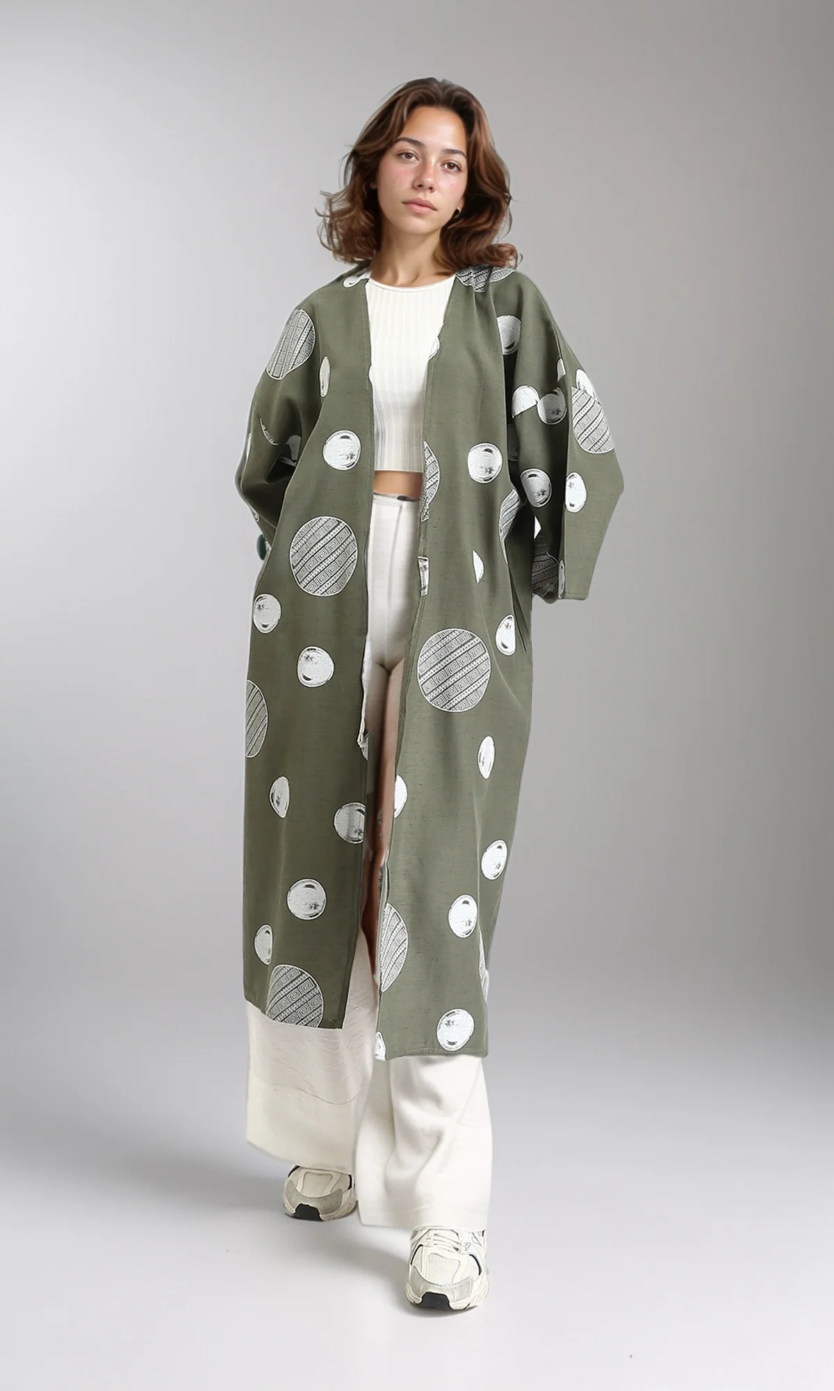 R206064 - Polka Dots Long Sleeves Cardigan - Olive & White - Image 5