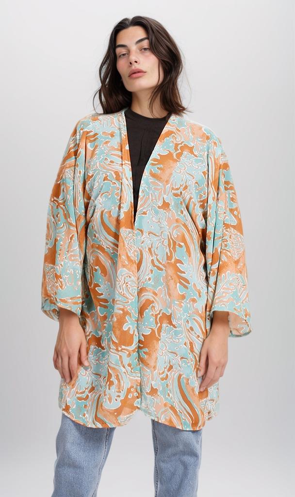 R206072 - Printed Chiffon Kimono - Blue & Orange Swirls - Image 2
