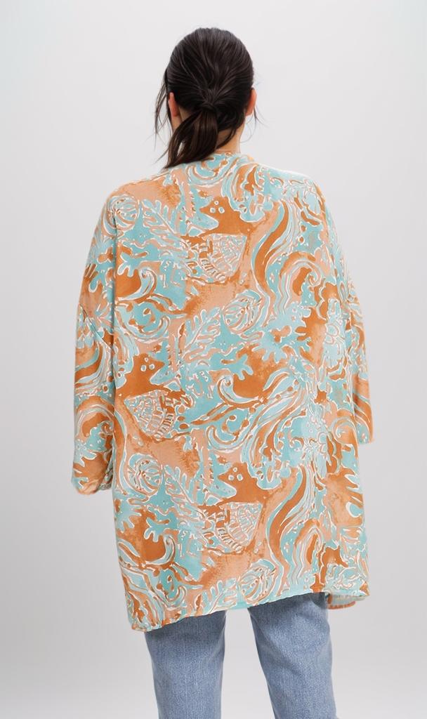 R206072 - Printed Chiffon Kimono - Blue & Orange Swirls - Image 3