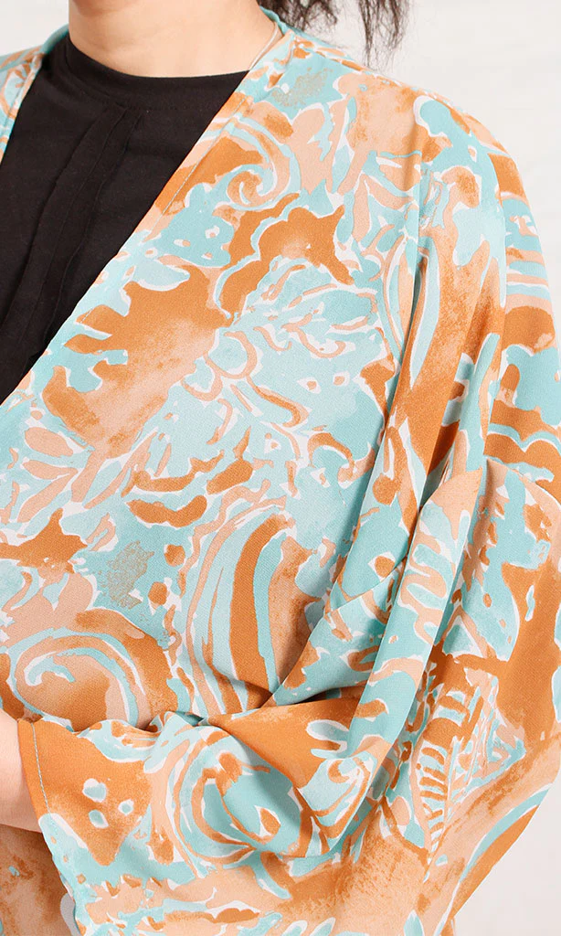 R206072 - Printed Chiffon Kimono - Blue & Orange Swirls - Image 4
