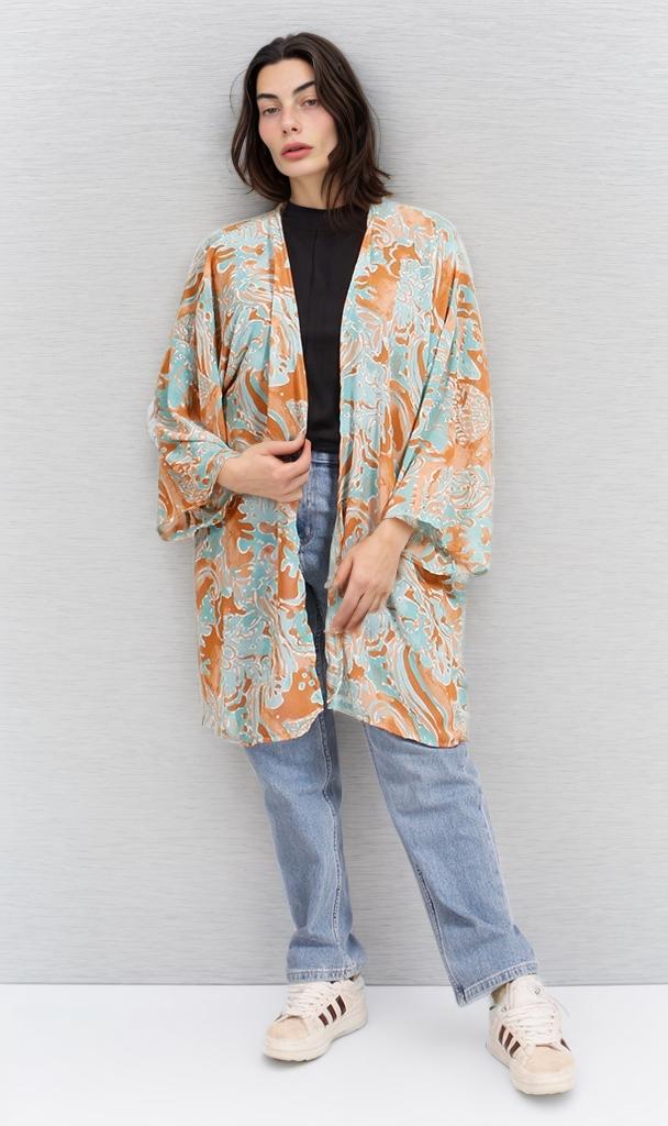 R206072 - Printed Chiffon Kimono - Blue & Orange Swirls - Image 5