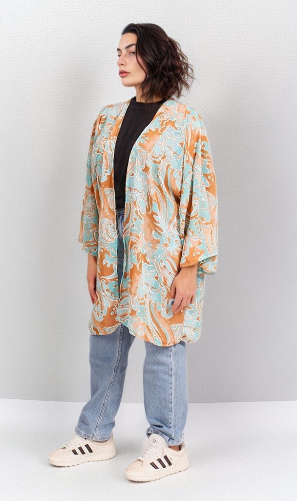 R206072 - Printed Chiffon Kimono - Blue & Orange Swirls - Image 6