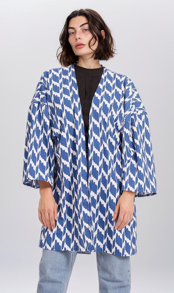R207951 - Printed Crepe Chiffon Kimono - Blue & White - Image 2