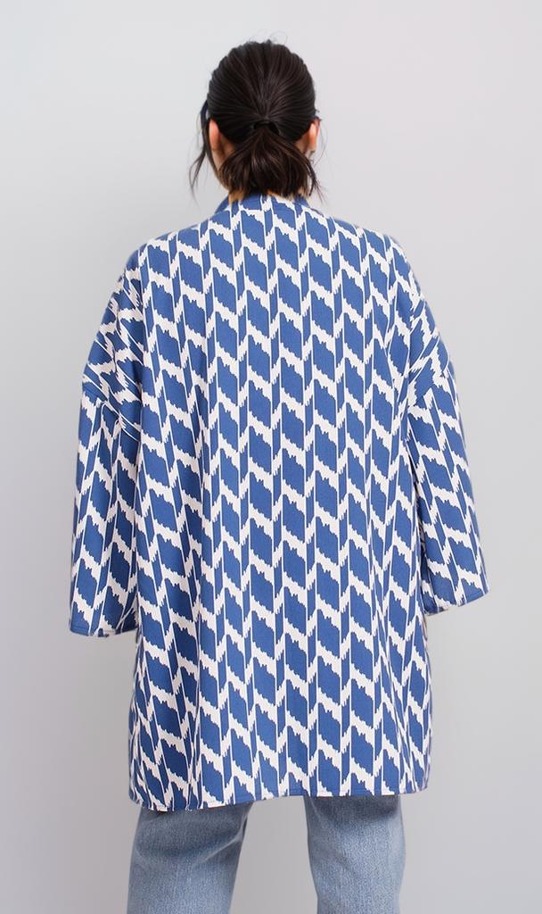 R207951 - Printed Crepe Chiffon Kimono - Blue & White - Image 3