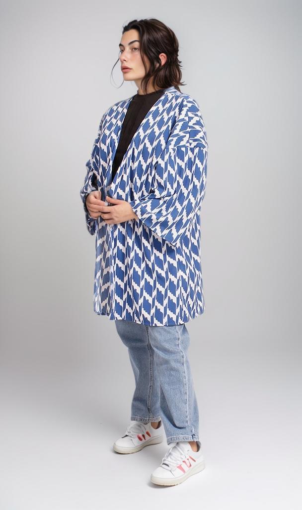 R207951 - Printed Crepe Chiffon Kimono - Blue & White - Image 6