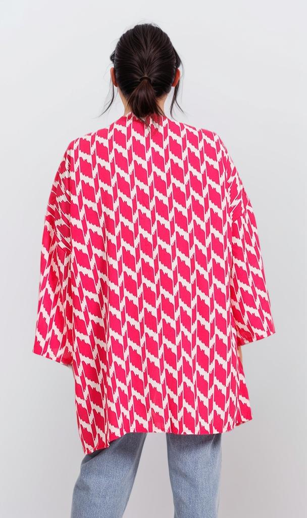 R207950 - Printed Crepe Chiffon Kimono - Red & White - Image 2