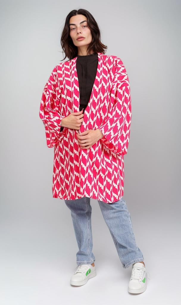 R207950 - Printed Crepe Chiffon Kimono - Red & White - Image 4