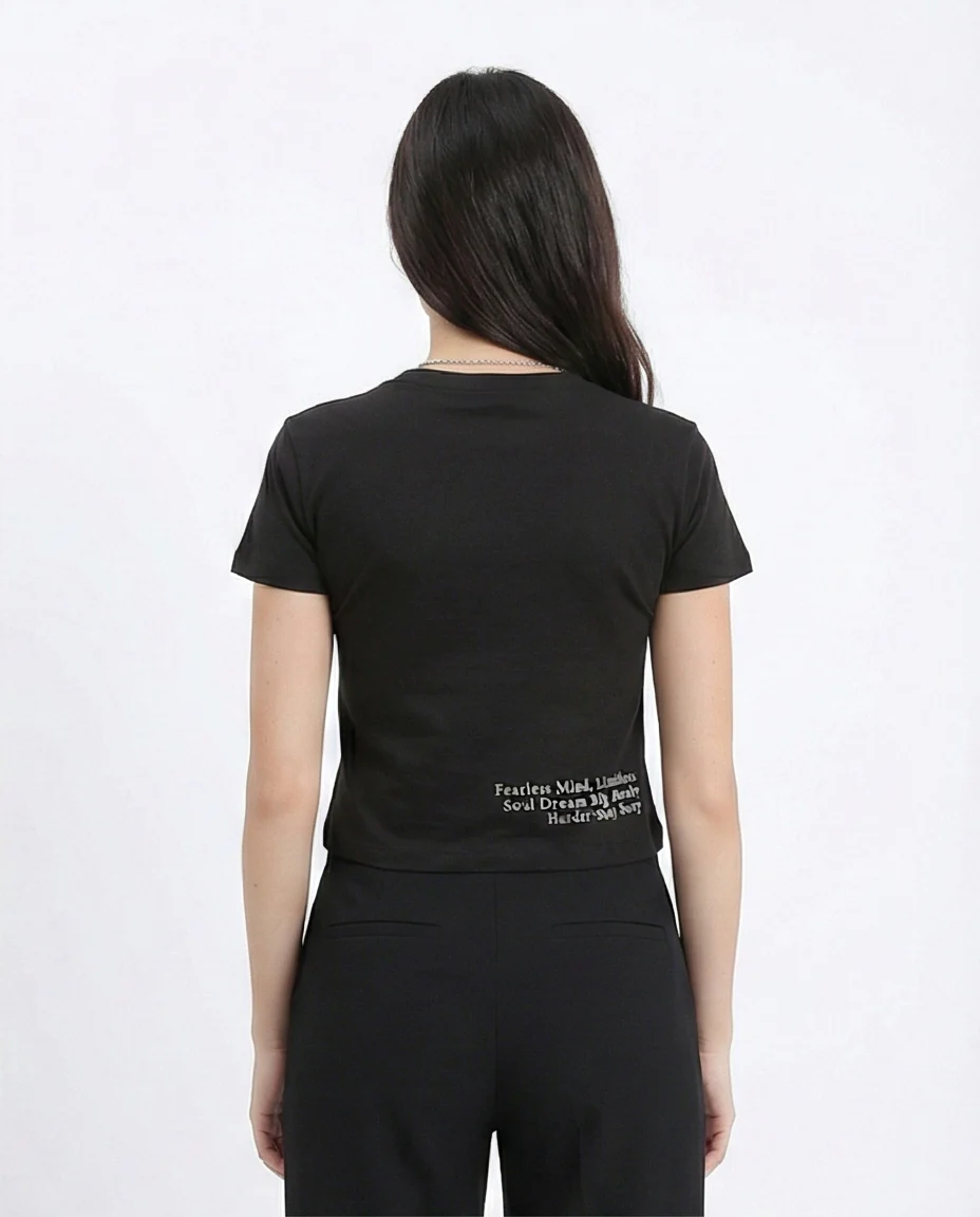 R210557 - Printed Crew Neck Regular Tee - Black - Image 2