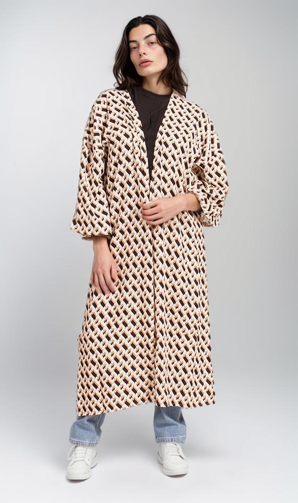 R208475 - Printed Linen Kimono - Beige Geometric Pattern - Image 2