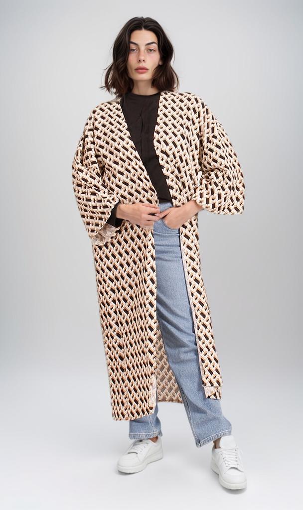 R208475 - Printed Linen Kimono - Beige Geometric Pattern - Image 5
