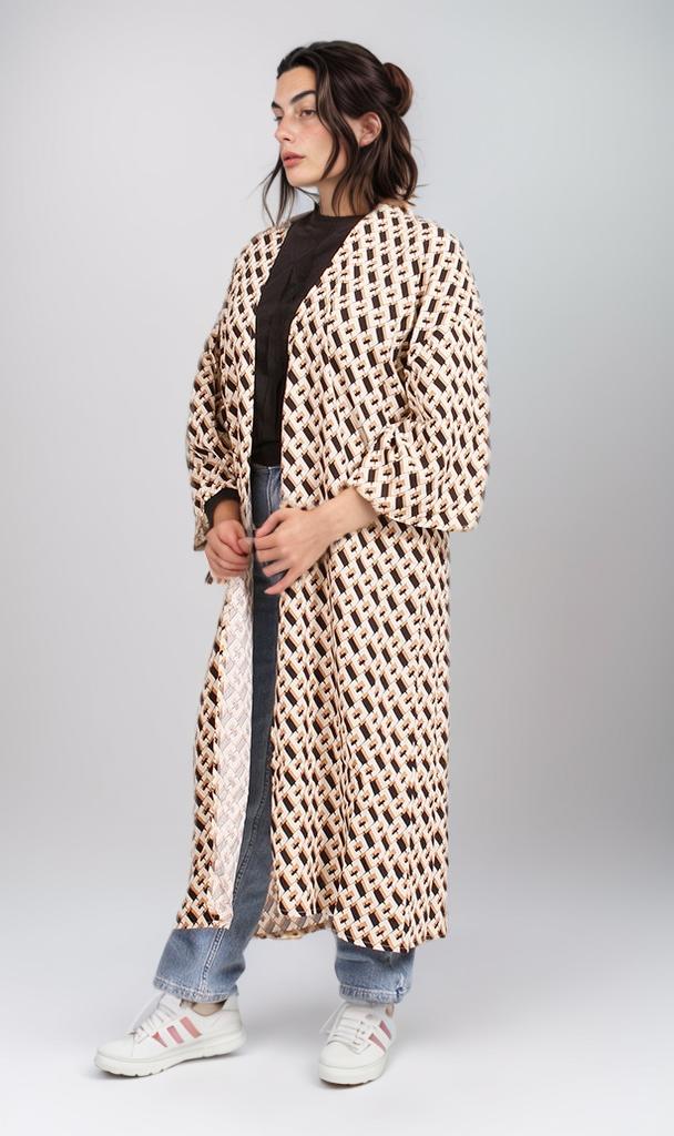 R208475 - Printed Linen Kimono - Beige Geometric Pattern - Image 6