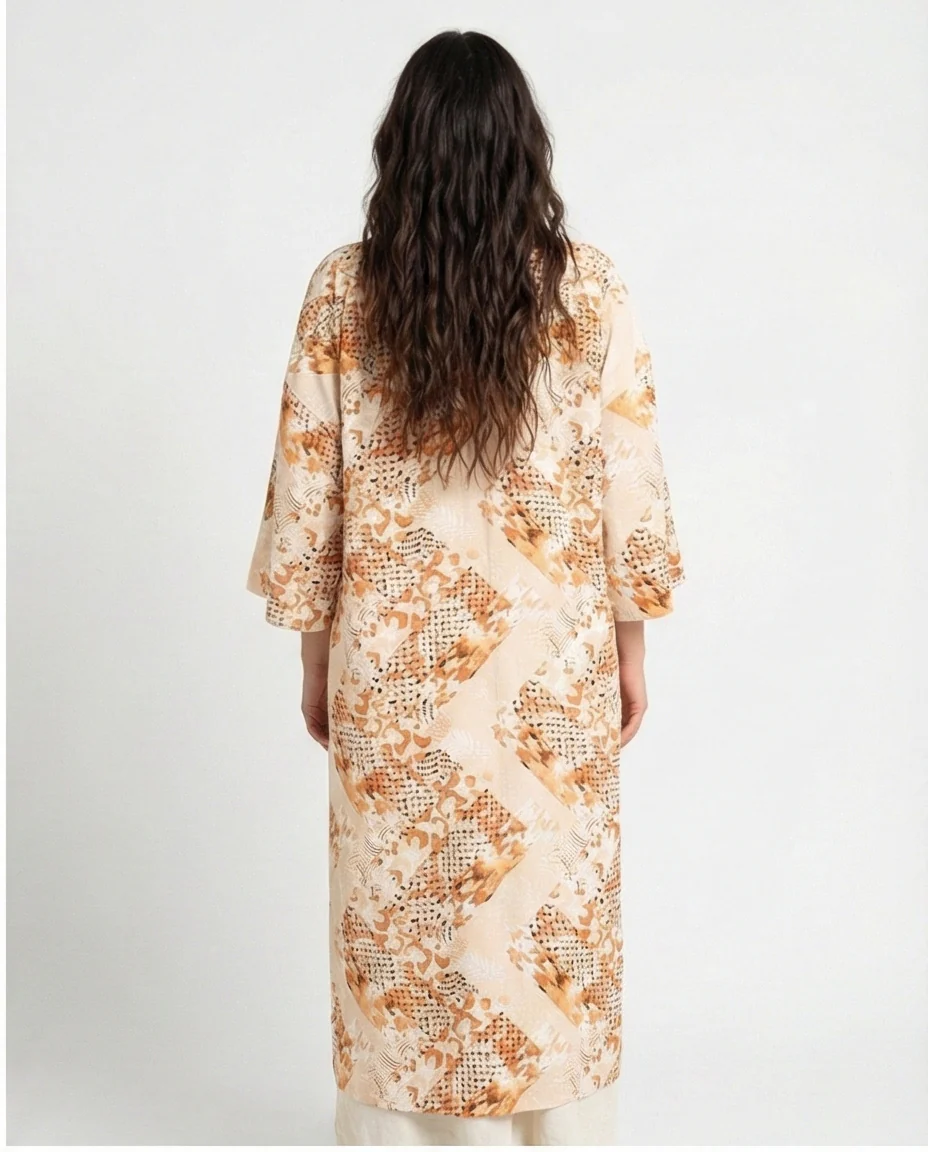 R207947 - Printed Linen Look Kimono - Beige & Orange Geometric - Image 2