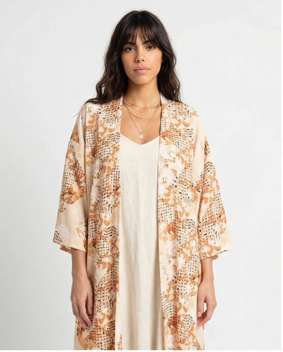 R207947 - Printed Linen Look Kimono - Beige & Orange Geometric - Image 3